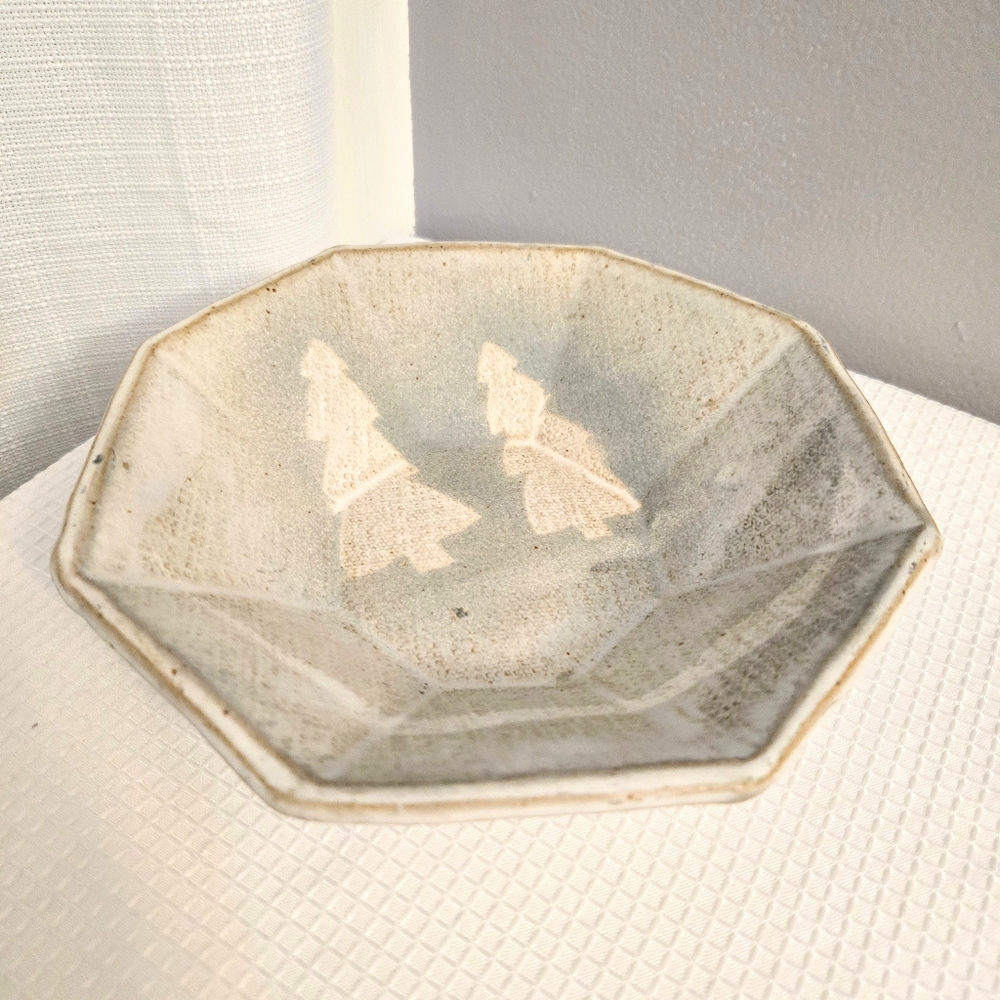 Terry Oss Octagon Bowl Textured Pine Trees Matte Green Wash Decorative